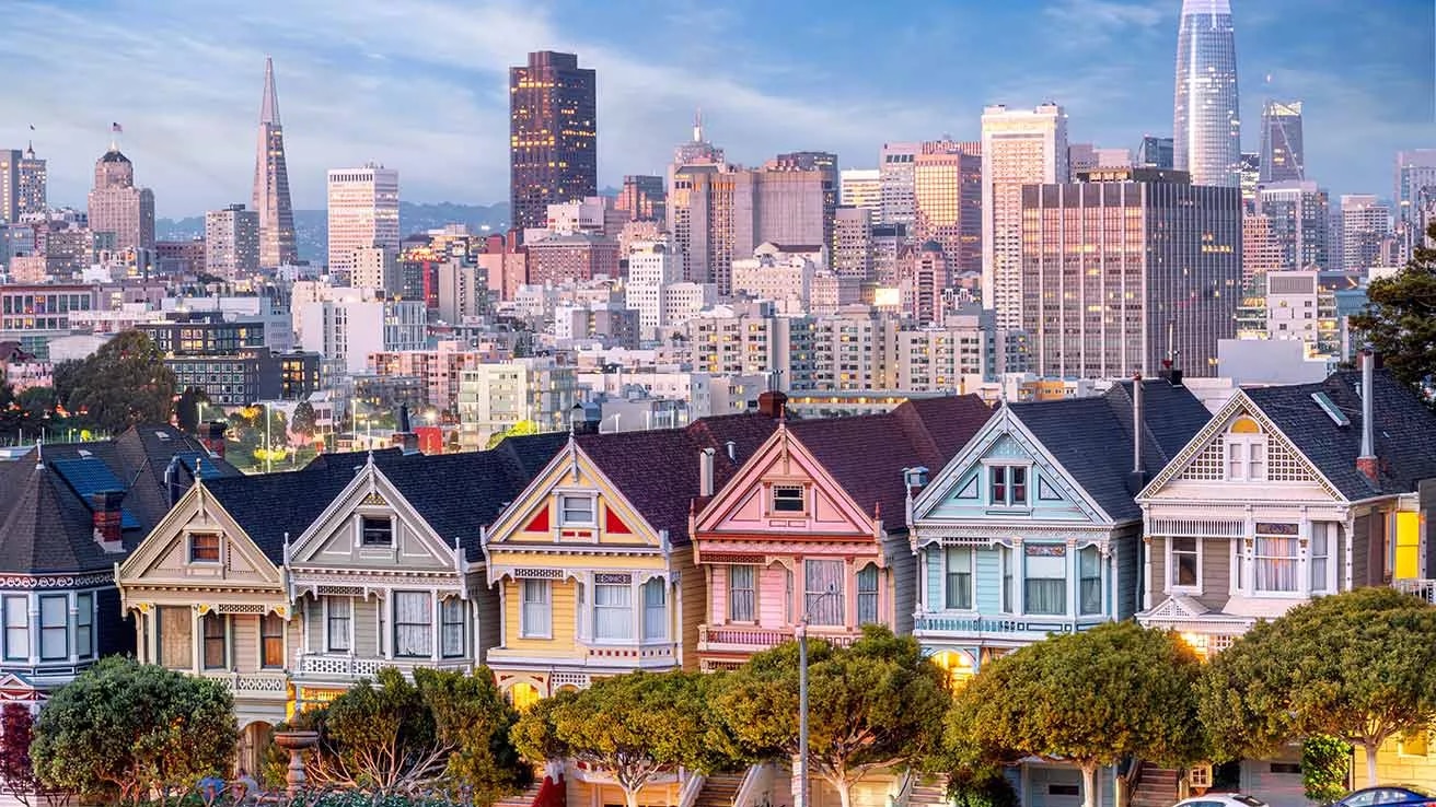 Painted lace of Victorian row houses on Alamo Square in San Francisco