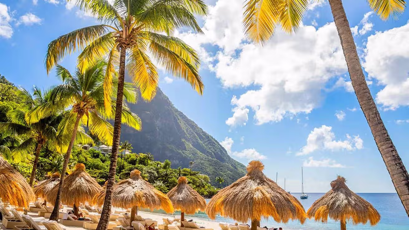 Palm beach with Gros Piton mountain in Saint Lucia