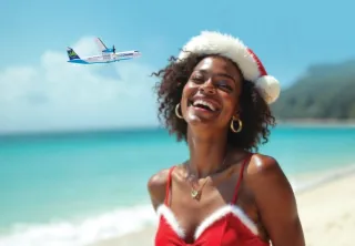 Femme avec un bonnet de Noël sur la plage
