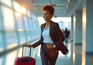 Femme courant dans un aéroport avec une valise.