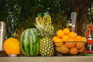 Sélection de fruits tropicaux frais sur un étal en Guadeloupe, incluant une pastèque, un ananas mûr et un panier d'oranges, illustrant les ingrédients naturels utilisés pour les jus de fruits locaux et les punchs traditionnels.