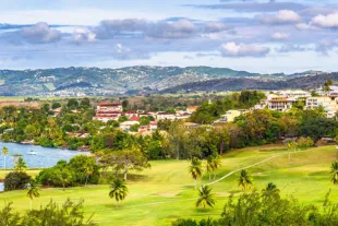 Vue panoramique sur le parcours de golf des Trois-Îlets en Martinique, avec ses vastes étendues d'herbe verte bordées de palmiers, surplombant une baie aux eaux turquoise et les collines verdoyantes de l'île.