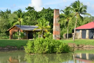 Vue extérieure de la Savane des Esclaves aux Trois-Îlets, montrant une ancienne cheminée en pierre et des cases traditionnelles en bois nichées dans un jardin tropical luxuriant au bord de l'eau.
