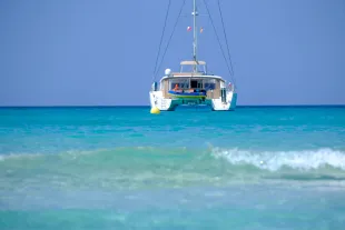 Catamaran ancré dans une eau turquoise