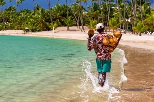 Vendeur de noix de coco marchant le long d'une plage bordée de cocotiers.